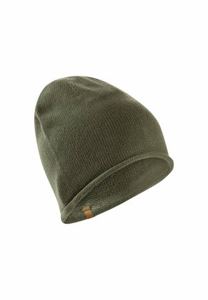 Olive green knit beanie with a soft texture, rounded shape, and a stitched leather accent tag. Seamless design for comfort and warmth.