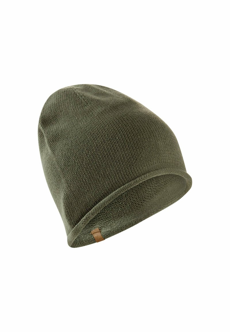 Olivengrøn strikket beanie med en blød tekstur, rund form og et syet lædermærke. Sømløs design for komfort og varme.
