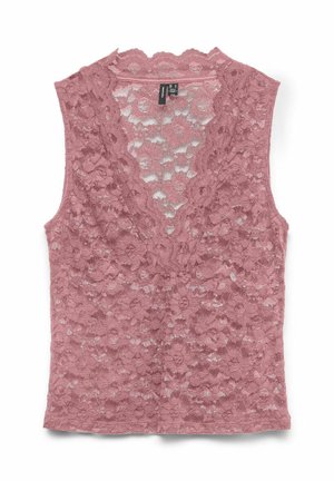 Haut sans manches en dentelle rose poudré avec motif floral, encolure en V et bords festonnés, posé à plat sur un fond blanc.