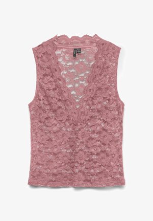 Haut sans manches en dentelle rose poudré avec motif floral, encolure en V et bords festonnés, posé à plat sur un fond blanc.