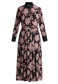 Lång svart klänning med rosa paisleymönster, knappfront, spetsig krage och långa ärmar; har en utsvängd kjol med veck.