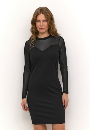 Czarna sukienka z długim rękawem, z przezroczystą górą, zaokrąglonym dekoltem i dopasowanym krojem. Gładka faktura z eleganckim wykończeniem.