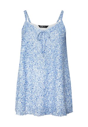 Lichtblauwe bloemige tankjurk met dunne bandjes, een v-hals en een strikdetail in het midden. Vloeiende stof met een zachte textuur en een gegolfde zoom.