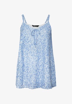 Vestido sin mangas de flores en tono azul claro, con tirantes finos, escote en forma de V y un detalle de lazo en el centro. Tejido fluido con una textura suave y dobladillo con forma de concha.