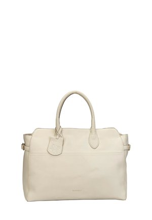 Sac à main en cuir crème avec deux poignées, une étiquette décorative et un logo BURKELY discret sur le devant.