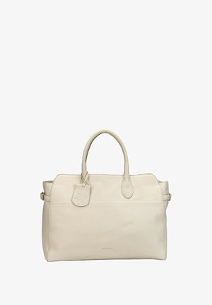 Cream leather handbag with two handles, a decorative tag, and subtle BURKELY branding on the front.