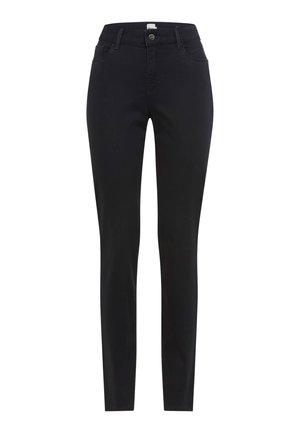 Schwarze Skinny-Jeans mit hoher Taille, aus dehnbarem Material. Mit einem vorderen Knopfverschluss, fünf Taschen und glatter Textur.