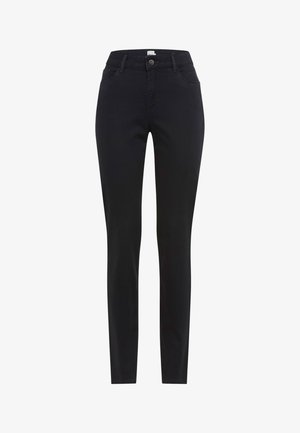 Zwarte skinny jeans met een hoge taille, gemaakt van rekbare stof. Voorzien van een knoopsluiting aan de voorkant, een ontwerp met vijf zakken en een gladde textuur.