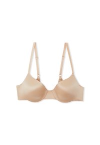 Bra beige chiaro con coppe lisce e imbottite, spalline regolabili e design classico con ferretto. Presenta una finitura senza cuciture e hardware minimale.