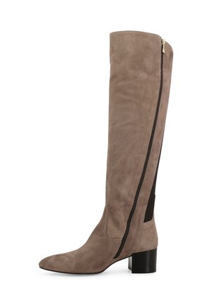 Stivale in suede color talpa alto fino al ginocchio con punta appuntita, dettaglio con cerniera laterale e pannello elastico nero, dotato di tacco a blocco impilato.