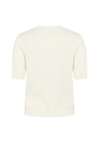 Top en tricot crème à manches courtes, avec un col rond et une coupe légèrement ample. Texture douce avec des bords côtelés aux manches et à l'ourlet.