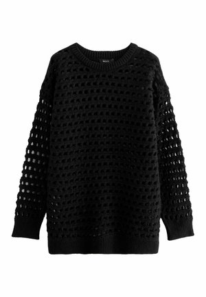 Černý svetr s dlouhým rukávem z pleteniny s otevřeným čtvercovým vzorem, žebrovanými manžetami, lemem a kulatým výstřihem.