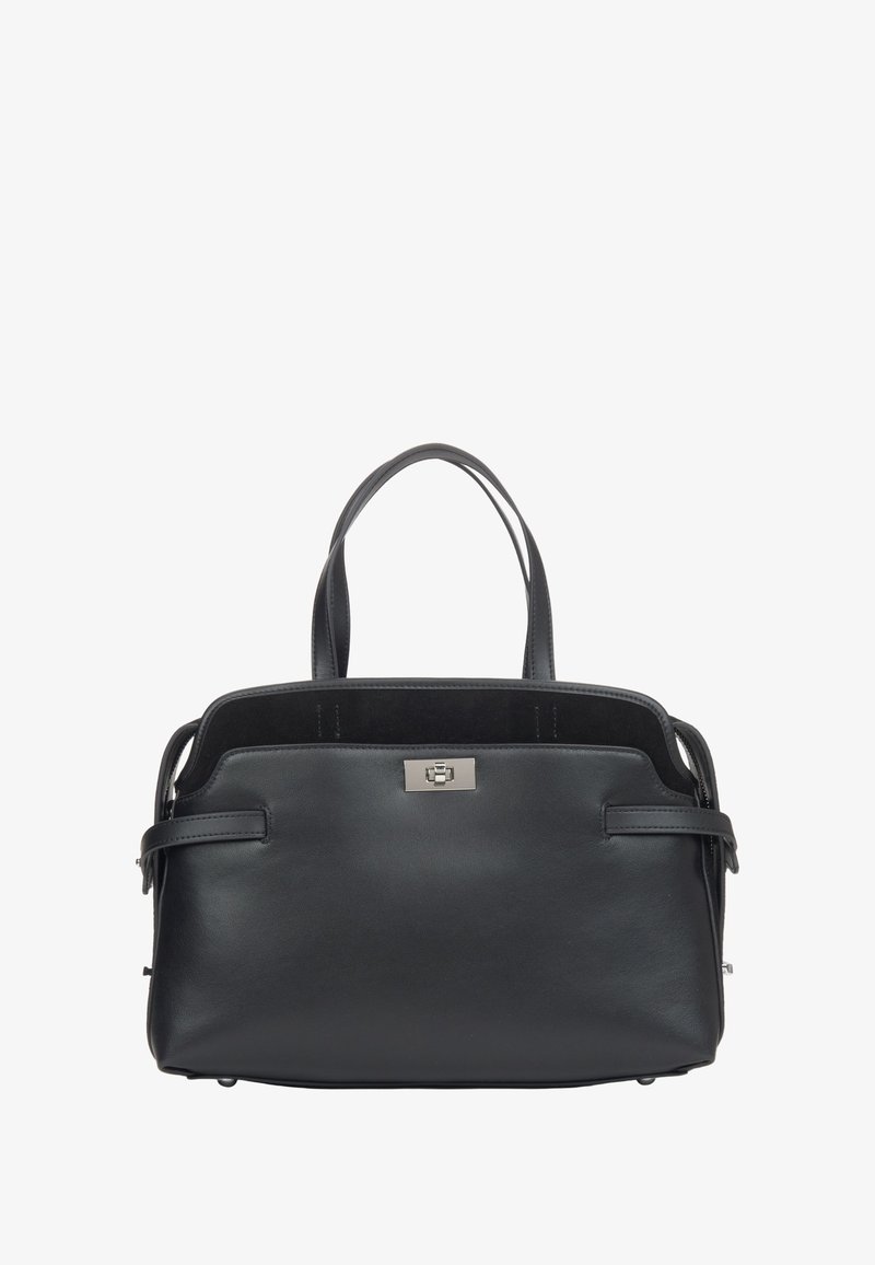 Zwarte leren handtas met dubbele handvatten, slank rechthoekig formaat, soepele textuur en een metalen sluitingdetail aan de voorkant.