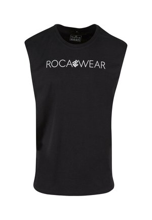 Svart ermeløs t-skjorte laget av bomull, med rund hals og fet hvit "ROCA WEAR" tekst over brystet. Jevn tekstur.
