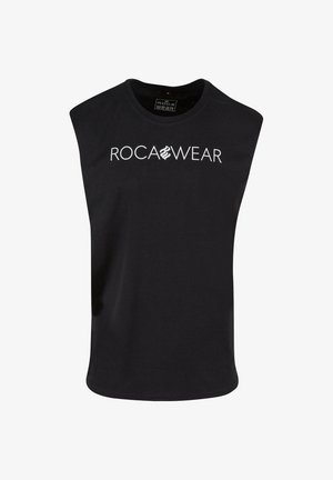 Sort ærmeløs t-shirt lavet af bomuld, med en rund halsudskæring og kraftig hvid "ROCA WEAR" tekst hen over brystet. Glat tekstur.