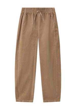 Pantalon marron à taille élastique avec cordon, jambes droites et poches latérales, fabriqué en tissu doux et léger.