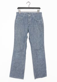 Light blue denim jeans on a black hanger. They feature a straight leg cut, five pockets, and white stitching along the seams.