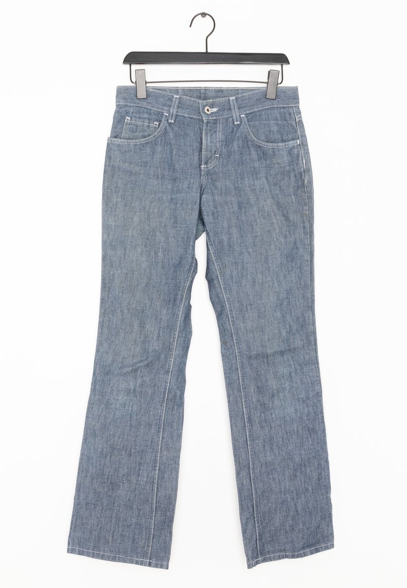 Light blue denim jeans on a black hanger. They feature a straight leg cut, five pockets, and white stitching along the seams.