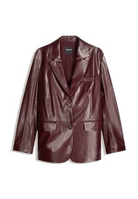 Blazer in finta pelle bordeaux con una texture liscia, chiusura a un pulsante, revers affilati e due tasche frontali.