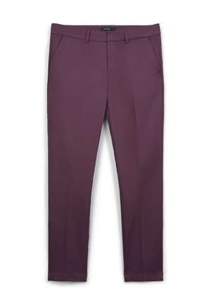 Pantaloni su misura di un viola scuro con una texture liscia, dotati di due tasche laterali e una vita. Design a gamba dritta.
