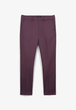 Dark purple tailored pants with a smooth texture, featuring two side pockets and a waistband. Straight leg design.
