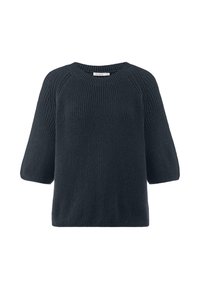 Pull tricot épais bleu marine avec manches mi-longues jusqu'au coude et col rond.