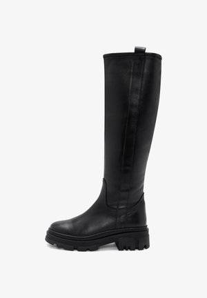 Bottes en cuir noires au-dessus du genou avec un design épuré, semelle en caoutchouc épaisse, panneaux latéraux et une boucle à l'arrière pour un enfilage facile.