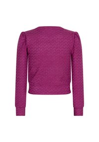 Lila kortärmad sweatshirt med långa ärmar. Har ett texturerat diamantmönster och ribbade muddar. Slätt tyg med rund halsringning.