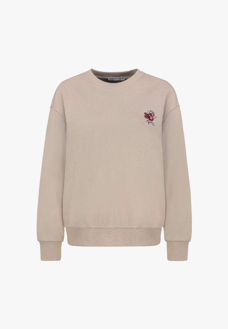 Beige sweatshirt with a rounded neckline and long sleeves. Features a small red and pink embroidered rose on the left chest. Smooth texture.