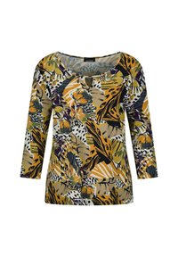Langemouwige top met een multicolore bloemen- en dierenprint op een beige achtergrond, met een ronde halslijn en een zachte stoftextuur.