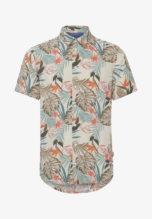 Kortarmig overhemd met tropische print op een beige achtergrond met groene, oranje en bruine bladeren en bloemen en een knoopsluiting aan de voorkant.