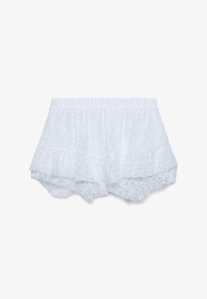 Weiße Spitzen-Shorts mit gestuftem Rüschenabschluss und elastischem Bund, zartes Blumenmuster durchgehend.