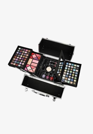 Cosmetic case with multiple compartments. Includes eyeshadow palettes, lip colors, blushes, nail polish, and tools. Black interior and silver exterior.