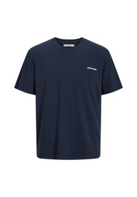 Navyblaue Baumwoll-T-Shirt, kurze Ärmel, Rundhalsausschnitt, mit weißem "JACK & JONES"-Logo auf der linken Brust. Glatte Textur, normale Passform.