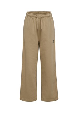 Beige Sweatpants mit weitem Bein, elastischem Bund, verstellbarem Kordelzug und kleinem dunklem Logo am oberen linken Oberschenkel.