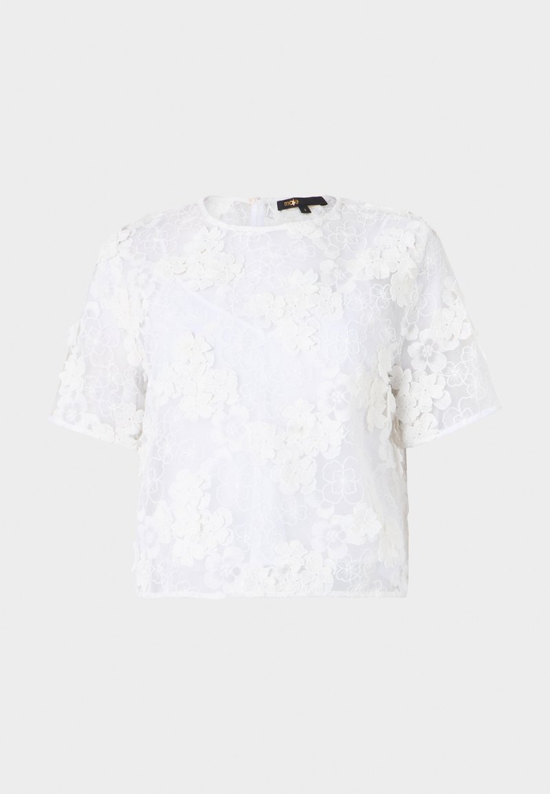 Witte kant korte mouwen top met bloemenborduursel, ronde halslijn en een losse pasvorm. Doorzichtige stof met een textuur en gelaagd uiterlijk.