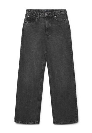 Jean noir taille haute à jambes larges avec poches avant, passants de ceinture et fermeture à bouton, présenté sur fond blanc.