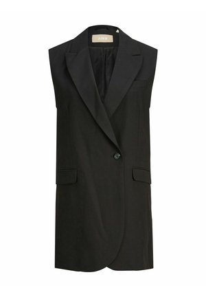 Schwarzer ärmelloser, maßgeschneiderter Blazer mit gekerbtem Revers, Ein-Knopf-Verschluss und Pattentaschen an den Vorderseiten.