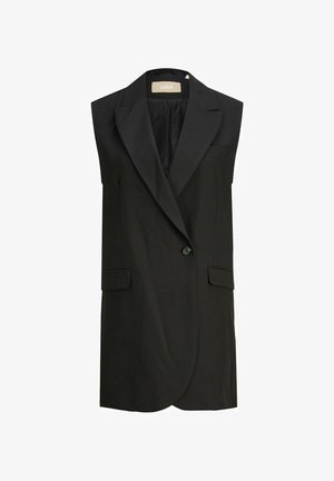 Must sleeveless räätälöity bleiser notched lapels, yksinkertainen napitus ja läppätaskut edessä sivuilla.