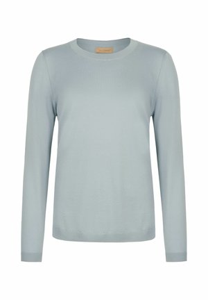 Lichtblauwe trui met lange mouwen en ronde hals met geribbelde boorden en zoom, weergegeven op een witte achtergrond.