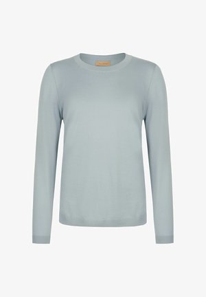 Lichtblauwe trui met lange mouwen en ronde hals met geribbelde boorden en zoom, weergegeven op een witte achtergrond.