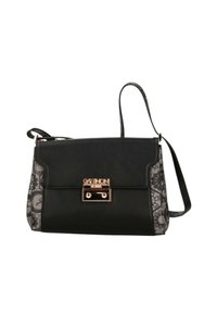 Borsa nera con un lato grigio a fantasia, hardware dorato e chiusura a pattina. Presenta una lunga tracolla e una texture liscia.