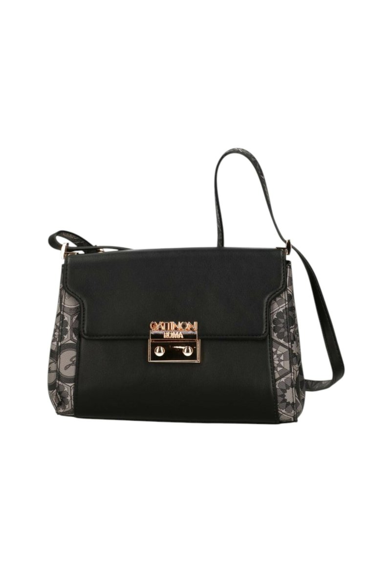Borsa nera con un lato grigio a fantasia, hardware dorato e chiusura a pattina. Presenta una lunga tracolla e una texture liscia.
