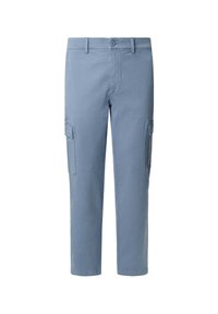 Light blue cargo pants with two side pockets, a front pocket, and a button closure. Made from a lightweight cotton blend fabric.