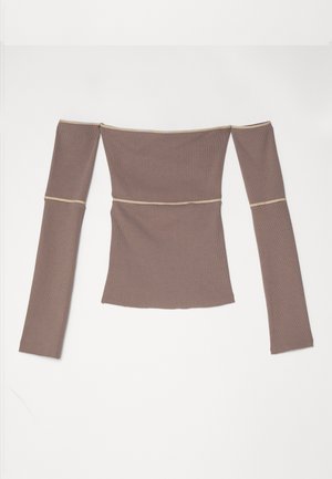 Off-the-shoulder long-sleeve top in light brown ribbed fabric, featuring a snug fit and contrasting beige trim along the edges.