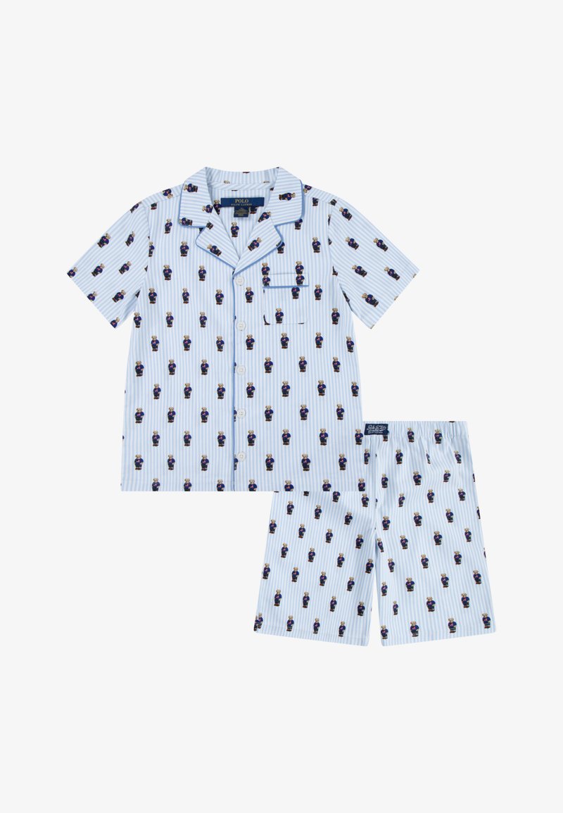 Conjunto de pijama de algodão de manga curta em azul claro com riscas brancas, apresentando um padrão repetido de pequenas figuras. Inclui um bolso na camisa.