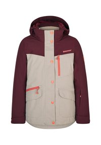 Ziener-Jacke in einem kastanienbraunen und hellbeigen Farbschema. Zu den Merkmalen gehören eine Kapuze, orangefarbene Reißverschlüsse, Knopfverschlüsse und mehrere Taschen.
