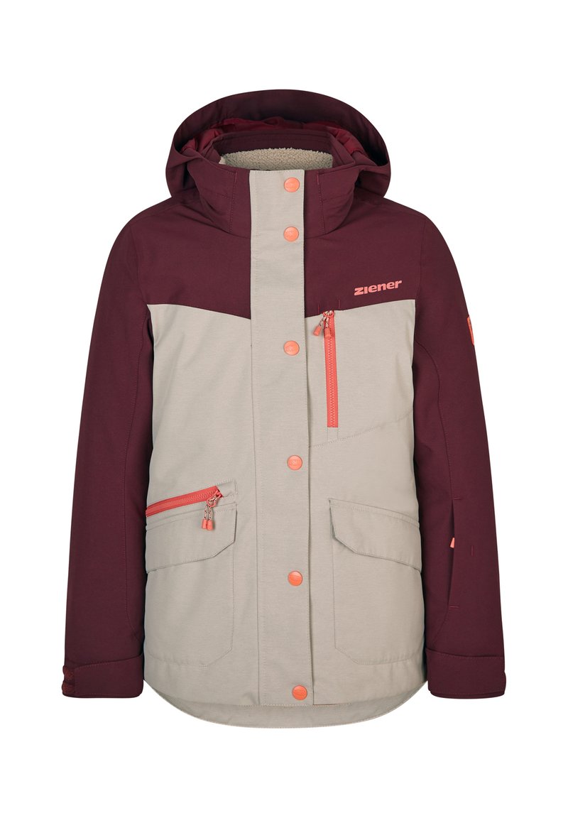 Ziener-Jacke in einem kastanienbraunen und hellbeigen Farbschema. Zu den Merkmalen gehören eine Kapuze, orangefarbene Reißverschlüsse, Knopfverschlüsse und mehrere Taschen.
