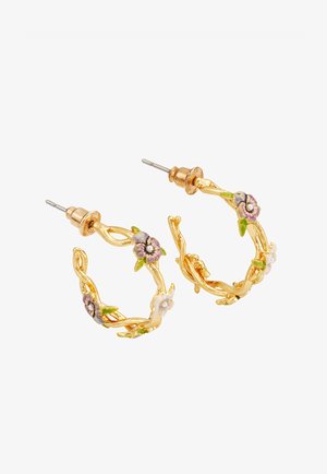 Gold-tone twisted hoop earrings with purple and white enamel flowers and green leaves, featuring post backs.