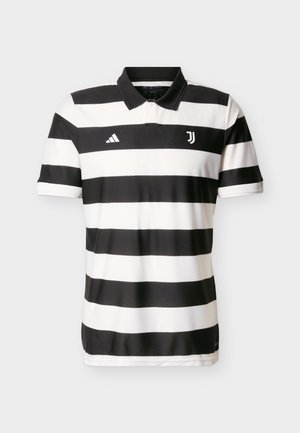 Polo à manches courtes à rayures horizontales noires et blanches avec col noir, logo Adidas sur la poitrine droite et logo Juventus sur la poitrine gauche.